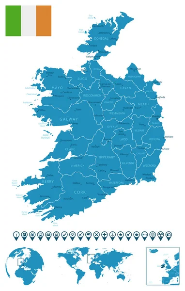 Ирландия Детальная Синяя Карта Страны Городами Регионами Расположением Карте Мира — стоковый вектор