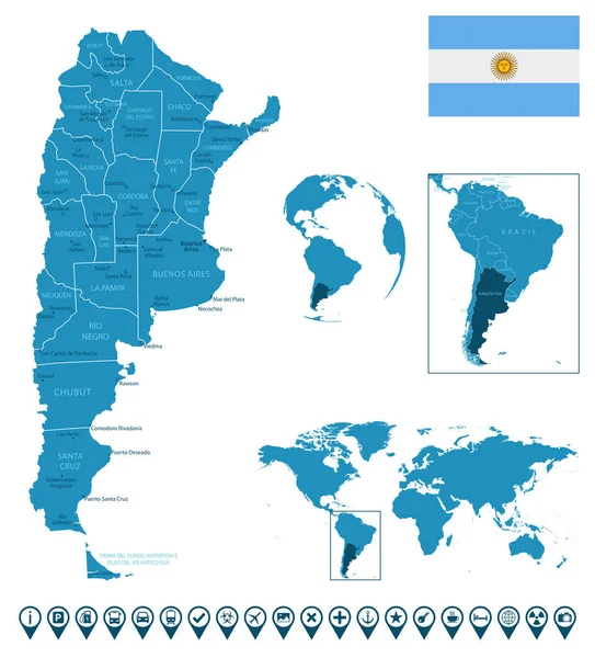 Argentyna Szczegółowa Niebieska Mapa Kraju Miastami Regionami Lokalizacją Świecie Ikony — Wektor stockowy