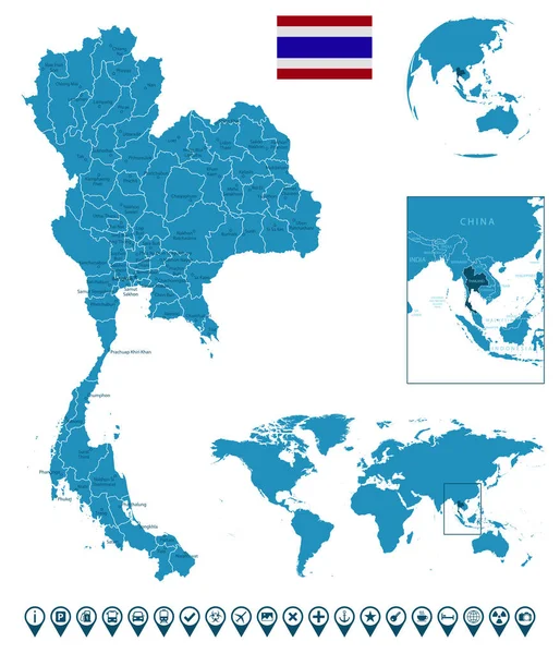 Tailandia Mapa Detallado Del País Azul Con Ciudades Regiones Ubicación — Vector de stock