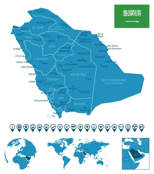 沙特阿拉伯 详细的蓝色国家地图 附有城市 世界地图和全球位置 资讯图解图标 矢量说明 — 图库矢量图片