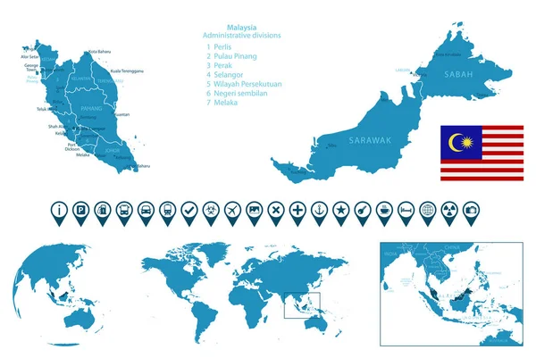 Malaysia Detaillierte Blaue Landkarte Mit Städten Regionen Lage Auf Weltkarte — Stockvektor