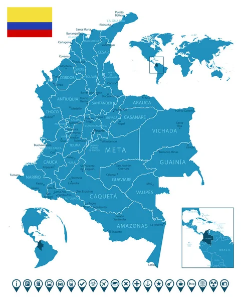 Colombia Mapa Detallado Del País Azul Con Ciudades Regiones Ubicación — Vector de stock