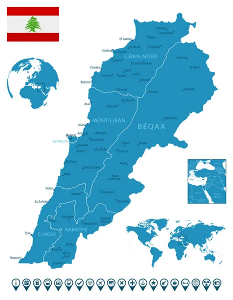 Líbano Mapa Detallado Del País Azul Con Ciudades Regiones Ubicación — Vector de stock