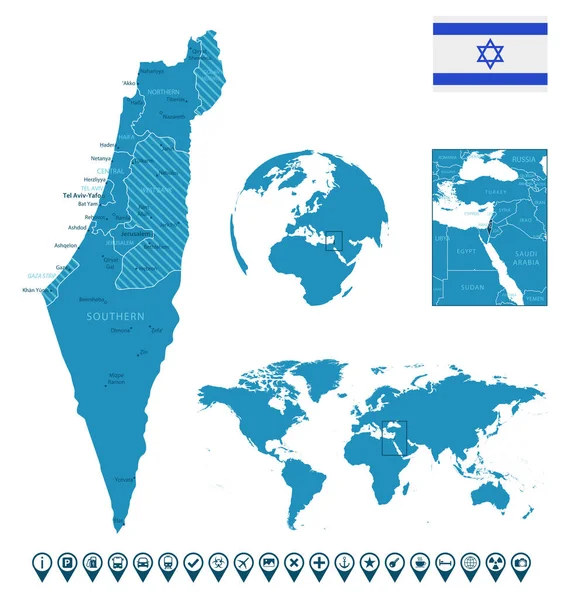 Israël Gedetailleerde Blauwe Landkaart Met Steden Regio Locatie Wereldkaart Wereldbol — Stockvector