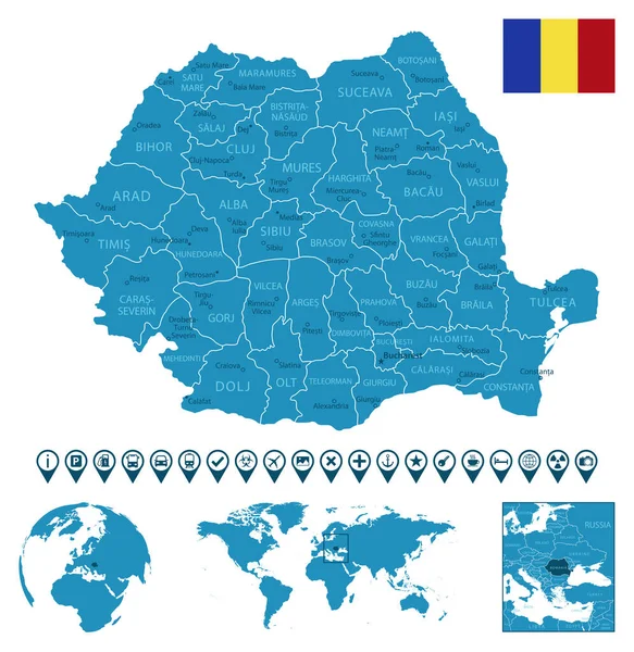 Румыния Детальная Синяя Карта Страны Городами Регионами Расположением Карте Мира — стоковый вектор