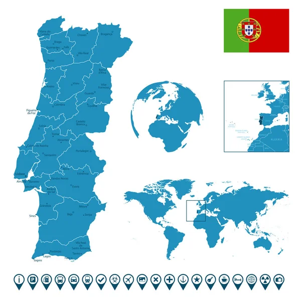 ポルトガル が都市 世界地図と世界中の場所を持つ詳細な青い国の地図 インフォグラフィックアイコン ベクターイラスト — ストックベクタ