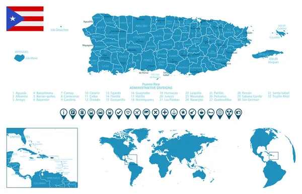 プエルトリコ 世界地図と地球上の都市 場所との詳細な青い国の地図 インフォグラフィックアイコン ベクターイラスト — ストックベクタ