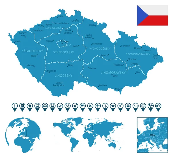 Česká Republika Podrobná Modrá Mapa Země Městy Regiony Umístění Mapě — Stockový vektor