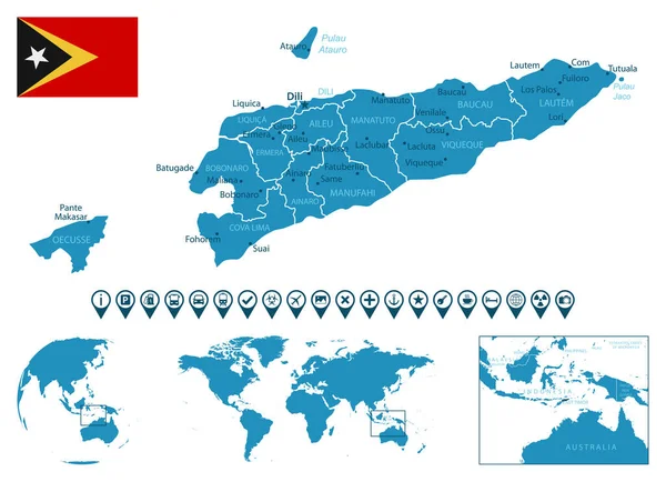 Östtimor Detaljerad Blå Landskarta Med Städer Regioner Läge Världskartan Och — Stock vektor