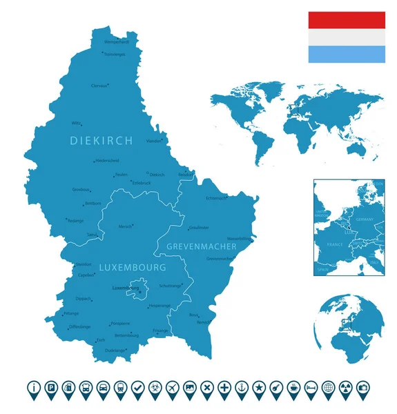 Luxemburgo Mapa Detallado Del País Azul Con Ciudades Regiones Ubicación — Vector de stock