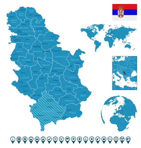 Serbia Mendetail Peta Negara Biru Dengan Kota Wilayah Lokasi Pada - Stok Vektor