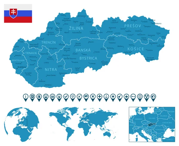 斯洛伐克 详细的蓝色国家地图 附有城市 世界地图和全球位置 资讯图解图标 矢量说明 — 图库矢量图片