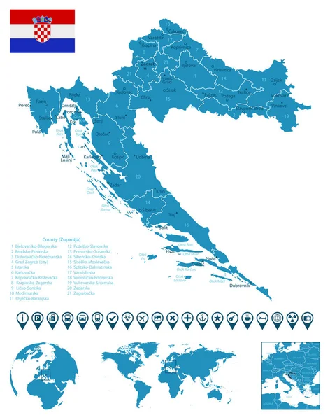 克罗地亚 详细的蓝色国家地图 附有城市 世界地图和全球位置 资讯图解图标 矢量说明 — 图库矢量图片