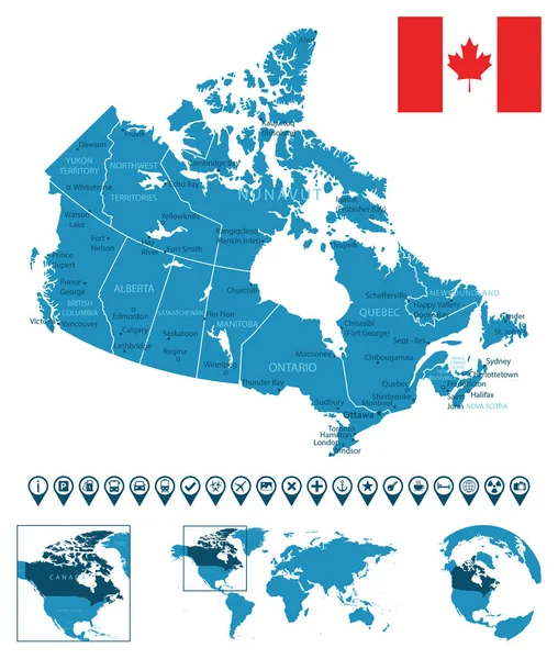 Kanada Podrobná Modrá Mapa Země Městy Regiony Umístění Mapě Světa — Stockový vektor