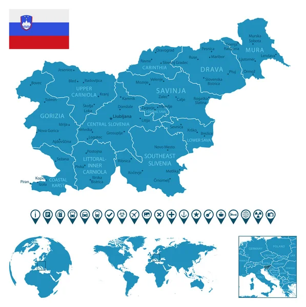 Slovenia Mappa Dettagliata Del Paese Blu Con Città Regioni Posizione — Vettoriale Stock