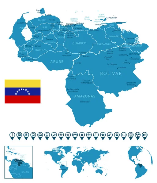 Венесуэла Детальная Синяя Карта Страны Городами Регионами Расположением Карте Мира — стоковый вектор