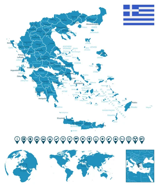 详细的蓝色国家地图 有城市 世界地图和全球地图 资讯图解图标 矢量说明 — 图库矢量图片
