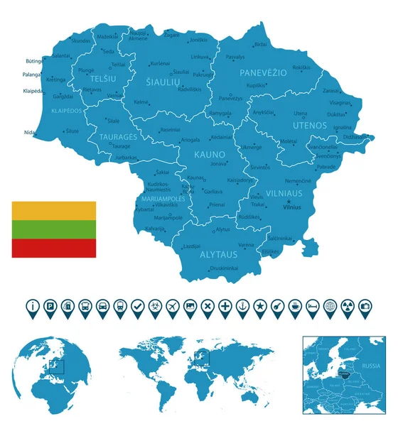 Lituânia Mapa Detalhado País Azul Com Cidades Regiões Localização Mapa — Vetor de Stock