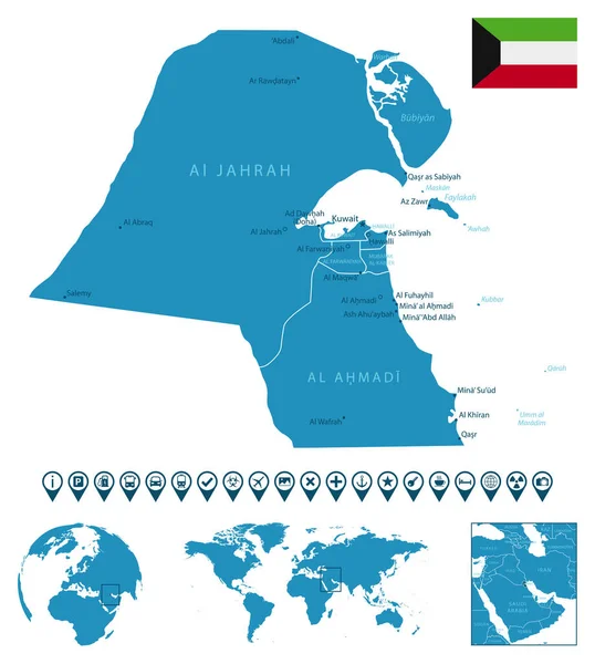 科威特 详细的蓝色国家地图 附有城市 世界地图和全球位置 资讯图解图标 矢量说明 — 图库矢量图片