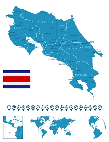 Costa Rica Mapa Detalhado País Azul Com Cidades Regiões Localização — Vetor de Stock