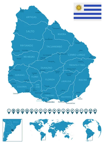 乌拉圭 详细的蓝色国家地图 附有城市 世界地图和全球位置 资讯图解图标 矢量说明 — 图库矢量图片