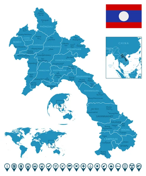 Laos Szczegółowa Niebieska Mapa Kraju Miastami Regionami Lokalizacją Świecie Globem — Wektor stockowy