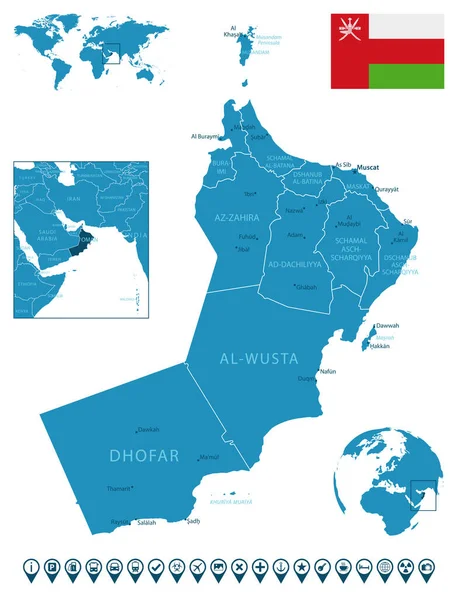 Оман Детальная Синяя Карта Страны Городами Регионами Расположением Карте Мира — стоковый вектор
