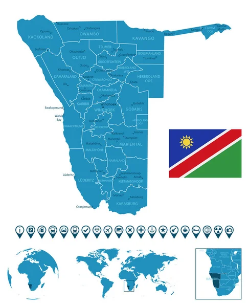 Namibia Mapa Detallado Del País Azul Con Ciudades Regiones Ubicación — Vector de stock