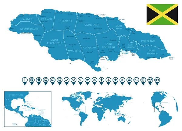 Jamaica Mapa Detallado Del País Azul Con Ciudades Regiones Ubicación — Vector de stock