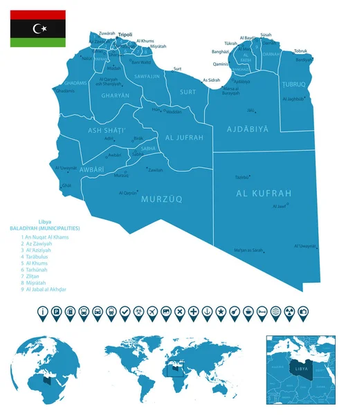 利比亚 详细的蓝色国家地图 包括城市 世界地图和全球地图 资讯图解图标 矢量说明 — 图库矢量图片