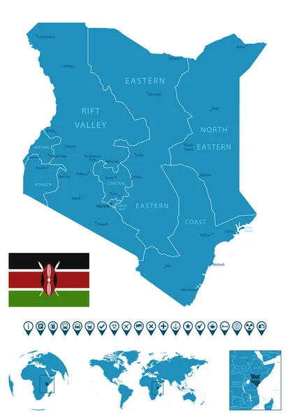 Kenya Şehirlerle Bölgelerle Dünya Haritası Yeriyle Detaylı Bir Mavi Ülke — Stok Vektör