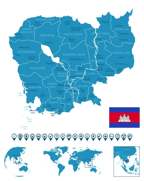Camboja Mapa Detalhado País Azul Com Cidades Regiões Localização Mapa — Vetor de Stock