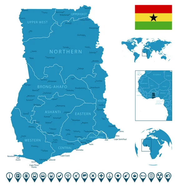 Ghana Mappa Dettagliata Del Paese Blu Con Città Regioni Posizione — Vettoriale Stock