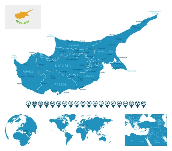 Kıbrıs Rum Kesimi Şehirler Bölgeler Dünya Haritası Küresi Üzerinde Yer — Stok Vektör