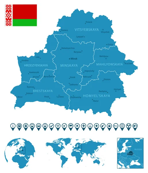 Bielorrusia Mapa Detallado Del País Azul Con Ciudades Regiones Ubicación — Archivo Imágenes Vectoriales