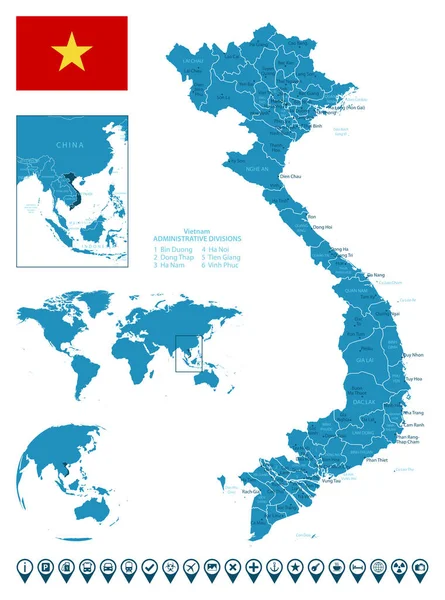 Wietnam Szczegółowa Niebieska Mapa Kraju Miastami Regionami Lokalizacją Świecie Globem — Wektor stockowy