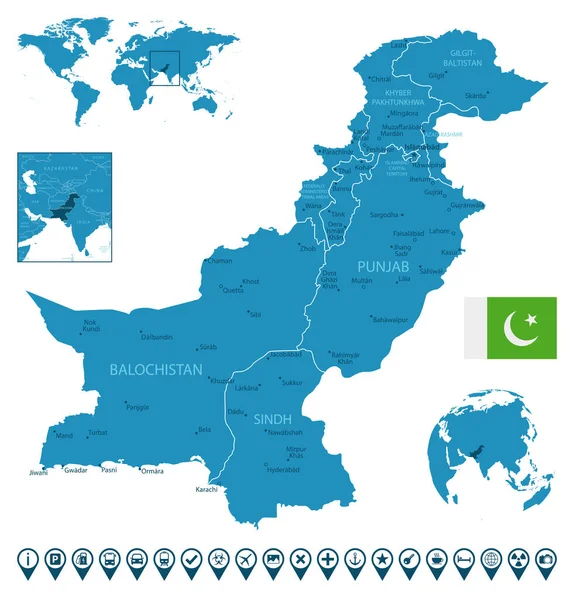 Pakistan Gedetailleerde Blauwe Landkaart Met Steden Regio Locatie Wereldkaart Wereldbol — Stockvector