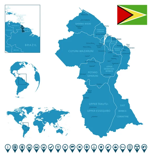 stock vector Guyana - detailed blue country map with cities, regions, location on world map and globe. Infographic icons. Vector illustration