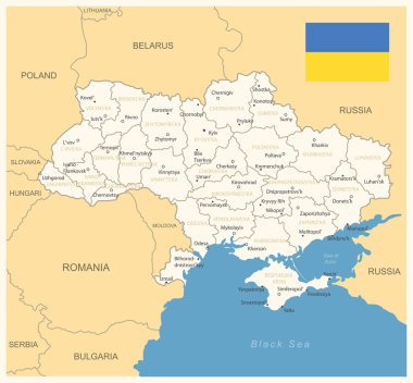 Ukrayna - idari bölümleri ve ülke bayrağıyla detaylı harita. Vektör illüstrasyonu