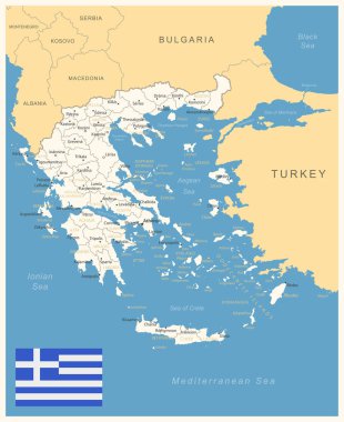 Yunanistan - idari bölümler ve ülke bayrağıyla ayrıntılı harita. Vektör illüstrasyonu