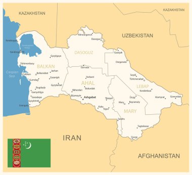 Türkmenistan - idari bölümleri ve ülke bayrağıyla detaylı harita. Vektör illüstrasyonu