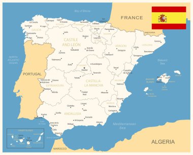 İspanya - idari bölümler ve ülke bayrağıyla detaylı harita. Vektör illüstrasyonu