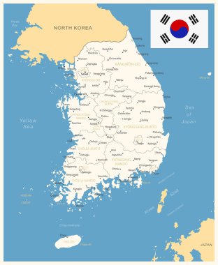 Güney Kore - idari bölümler ve ülke bayrağıyla detaylı harita. Vektör illüstrasyonu