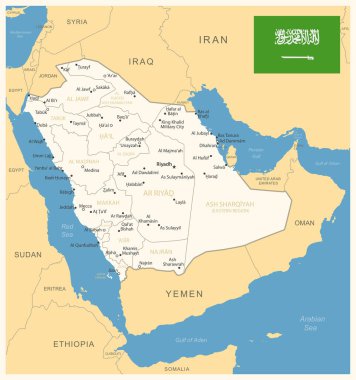 Suudi Arabistan - idari bölümleri ve ülke bayrağıyla detaylı harita. Vektör illüstrasyonu