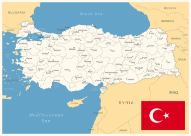 Türkiye - idari bölümler ve ülke bayrağıyla ayrıntılı harita. Vektör illüstrasyonu