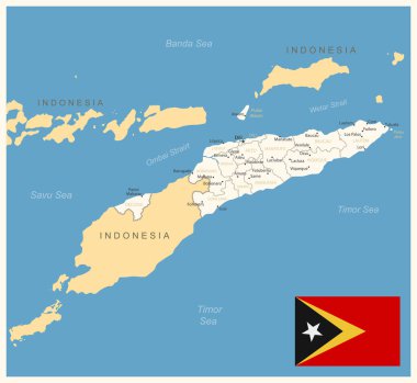 Doğu Timor - idari bölümleri ve ülke bayrağıyla detaylı harita. Vektör illüstrasyonu