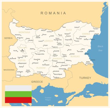 Bulgaristan - idari bölümler ve ülke bayrağıyla ayrıntılı harita. Vektör illüstrasyonu