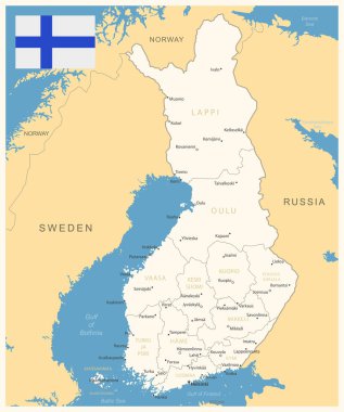 Finlandiya - idari bölümlerin ve ülke bayrağının detaylı haritası. Vektör illüstrasyonu