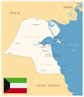 Kuveyt - idari bölümler ve ülke bayrağıyla detaylı harita. Vektör illüstrasyonu