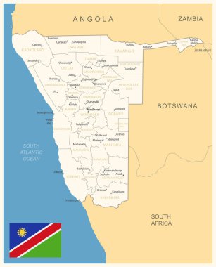Namibya - idari bölümler ve ülke bayrağıyla detaylı harita. Vektör illüstrasyonu